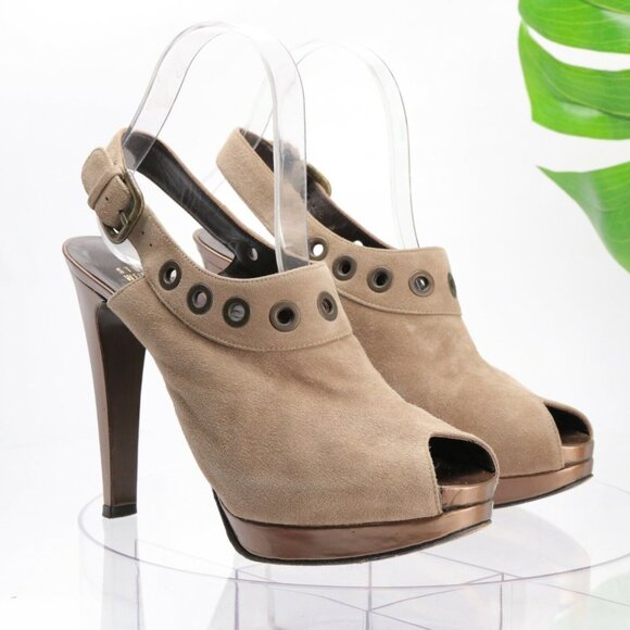 Stuart Weitzman Womens Portside Sandal Size 7 Tan Suede Slingback Peep Toe Heels - Picture 2 of 12